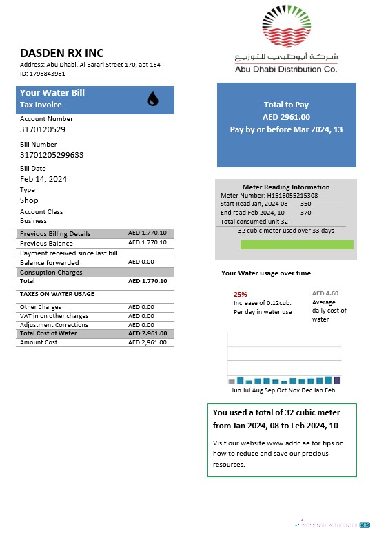 United Arab Emirates Abu Dhabi Distribution water business utility bill template in Word and PDF formats